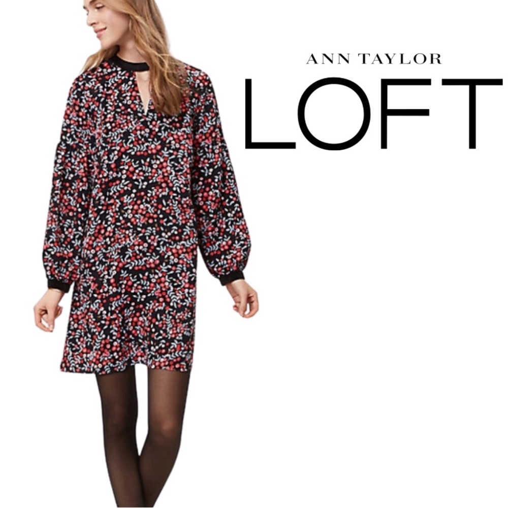 LOFT Berry Velvet Trim Floral Cutout Shift dress